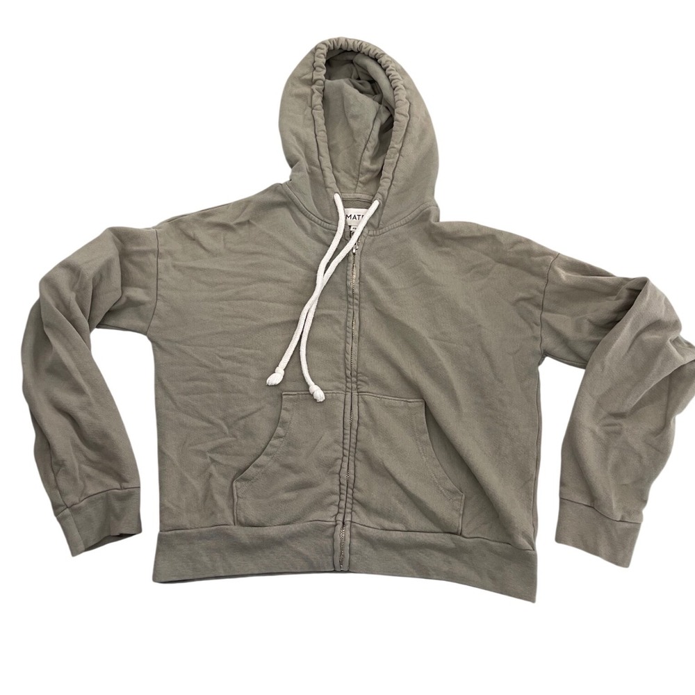 MATE the Label Organic Cotton Cropped Zip Up Hoodie Sage Green Womens XS I04